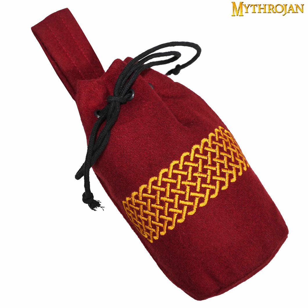 Mythrojan Embroidered Wool Drawstring Belt Pouch: Medieval Viking Celtic Bag Costume Accessories coin purse , Maroon , 8” × 6.5”