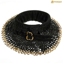 mythrojan-riveted-chainmail-standard-the-black-knight-gorget-9mm-flat-ring-round-rivets-alt-with-black-suede-padded-lining-and-solid-brass-edges-size-m