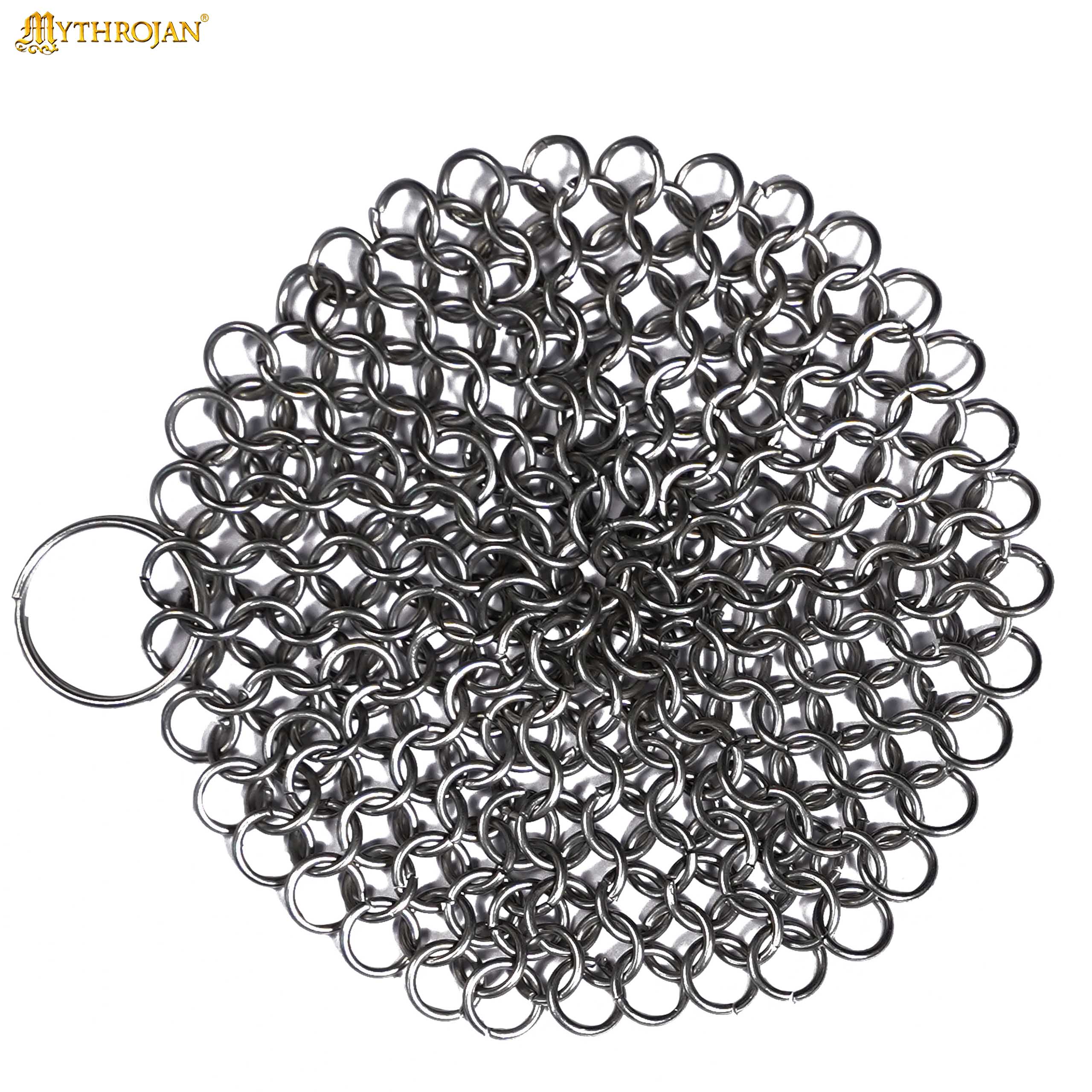 Mythrojan Chainmail Round Stainless Steel Scrubber, Ideal for Cleaning Cast Iron Skillet, Wok, Cooking Pot, Griddle or Cast Iron Cauldron Maintenance, Diameter: 4.7”