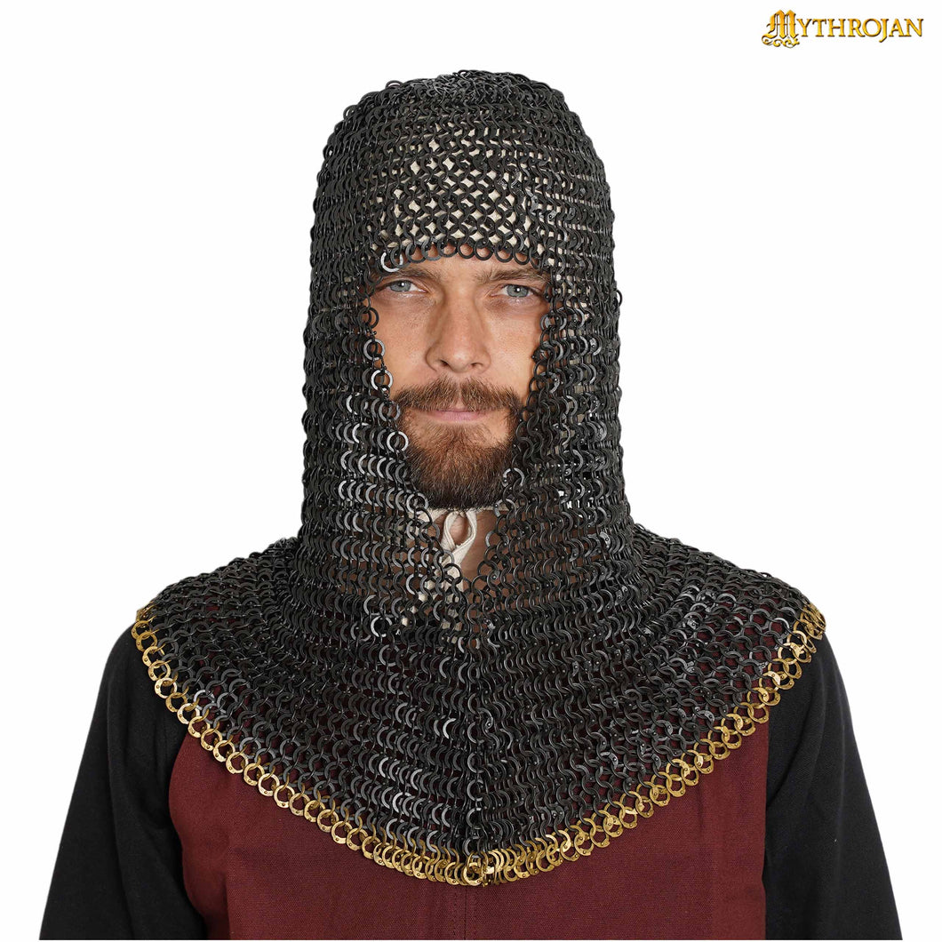 Mythrojan Chainmail Coif Flat Ring Round Rivet with Brass Edges