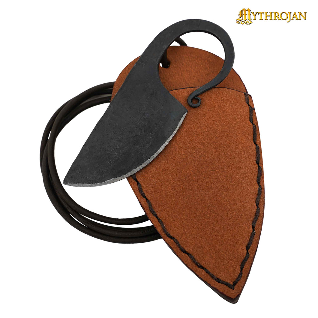 Mythrojan Celtic Ring Knife Hand Forged Necklace Knife with Tan Leather Sheath