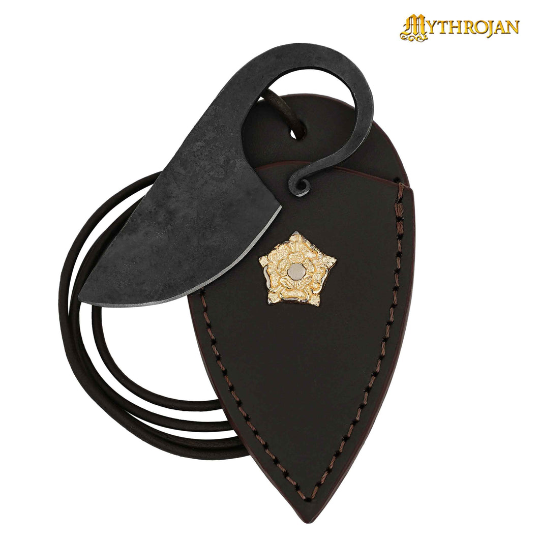 Mythrojan Celtic Ring Knife Hand Forged Necklace Knife Brown Decoration with Leather Sheath