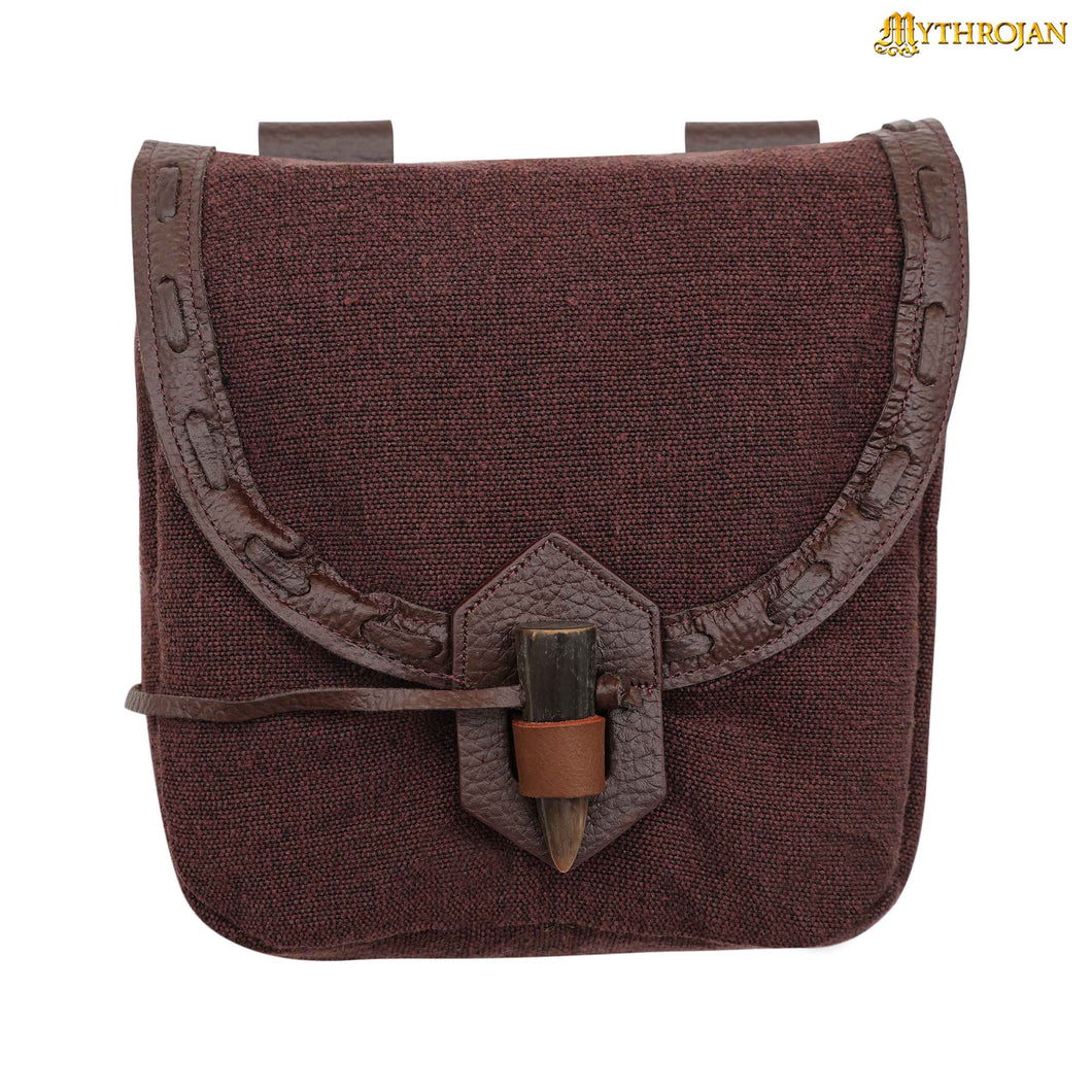 Mythrojan “The Adventurer ’s ” Belt Bag with Horn Toggle, Ideal for SCA LARP Reenactment & Ren fair, Full Grain Leather and Handwoven Canvas, Brown, 8 ” ×7 ”