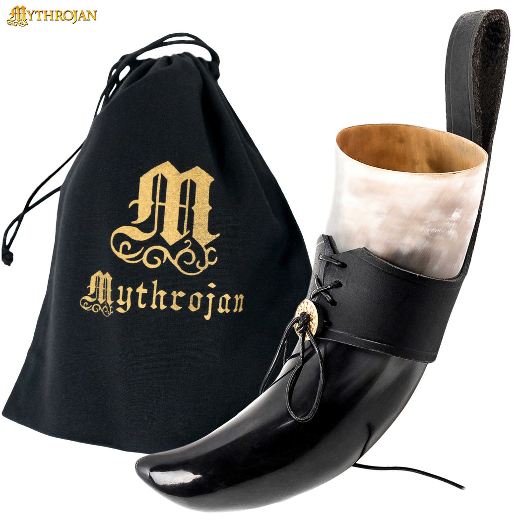 Mythrojan Viking Drinking Horn with Black Leather Holder Authentic Drinking Horn Norse Beer Horn Drinking Horn , 250ml