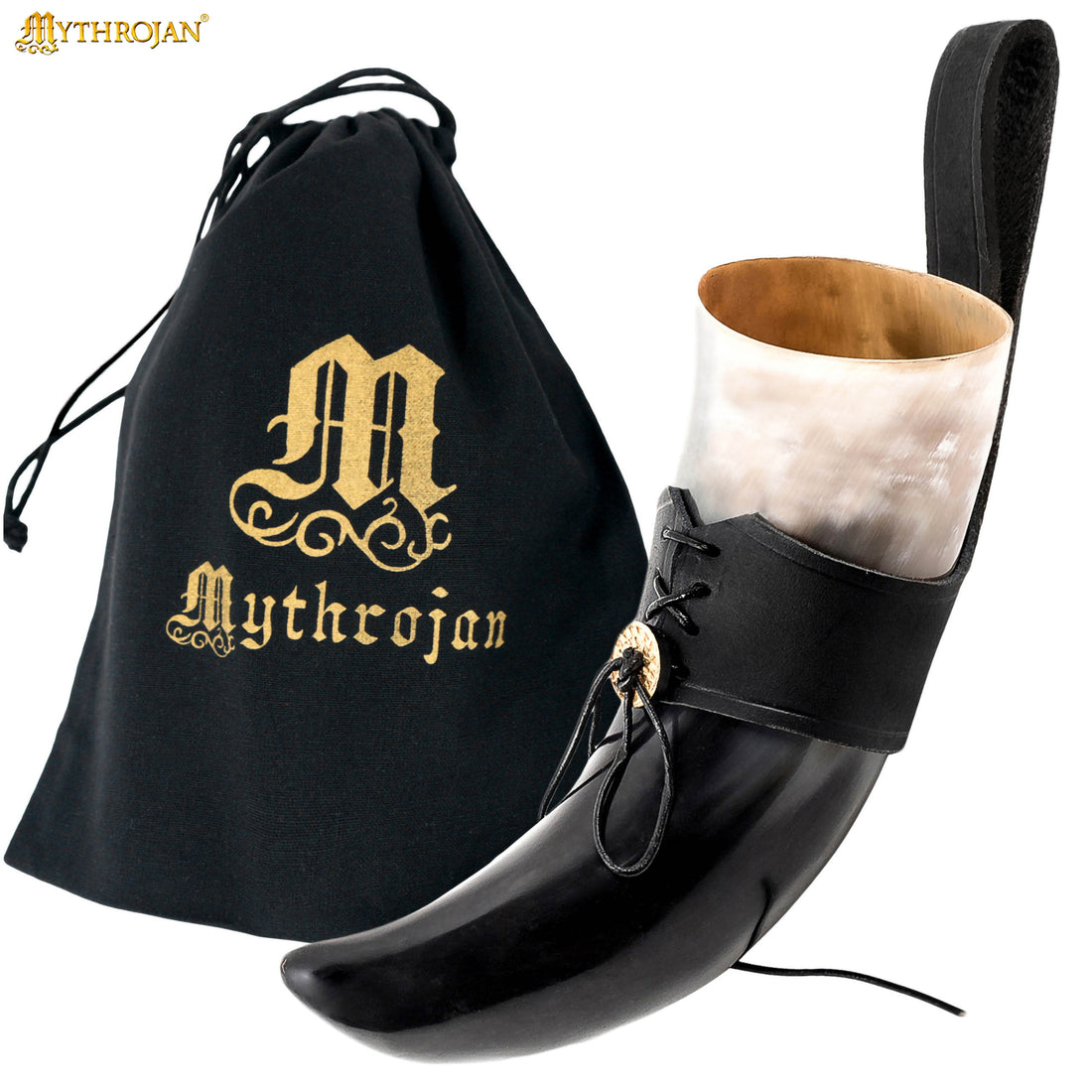 Mythrojan Viking Drinking Horn with Black Leather Holder Authentic Drinking Horn Norse Beer Horn Drinking Horn , 250ml