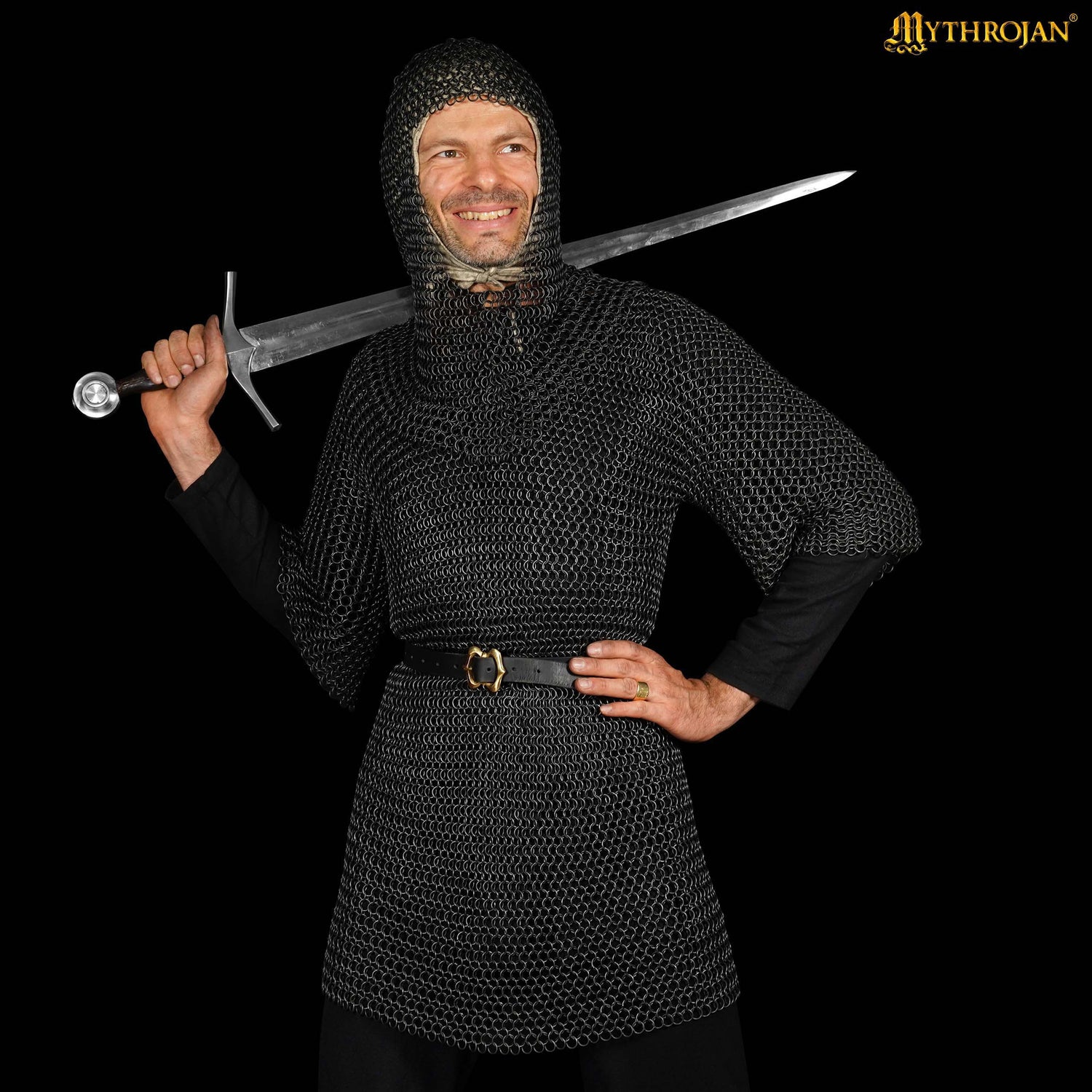 Mythrojan Chainmail Shirt with Coif Medieval Knight Armor Costume – Black Finish