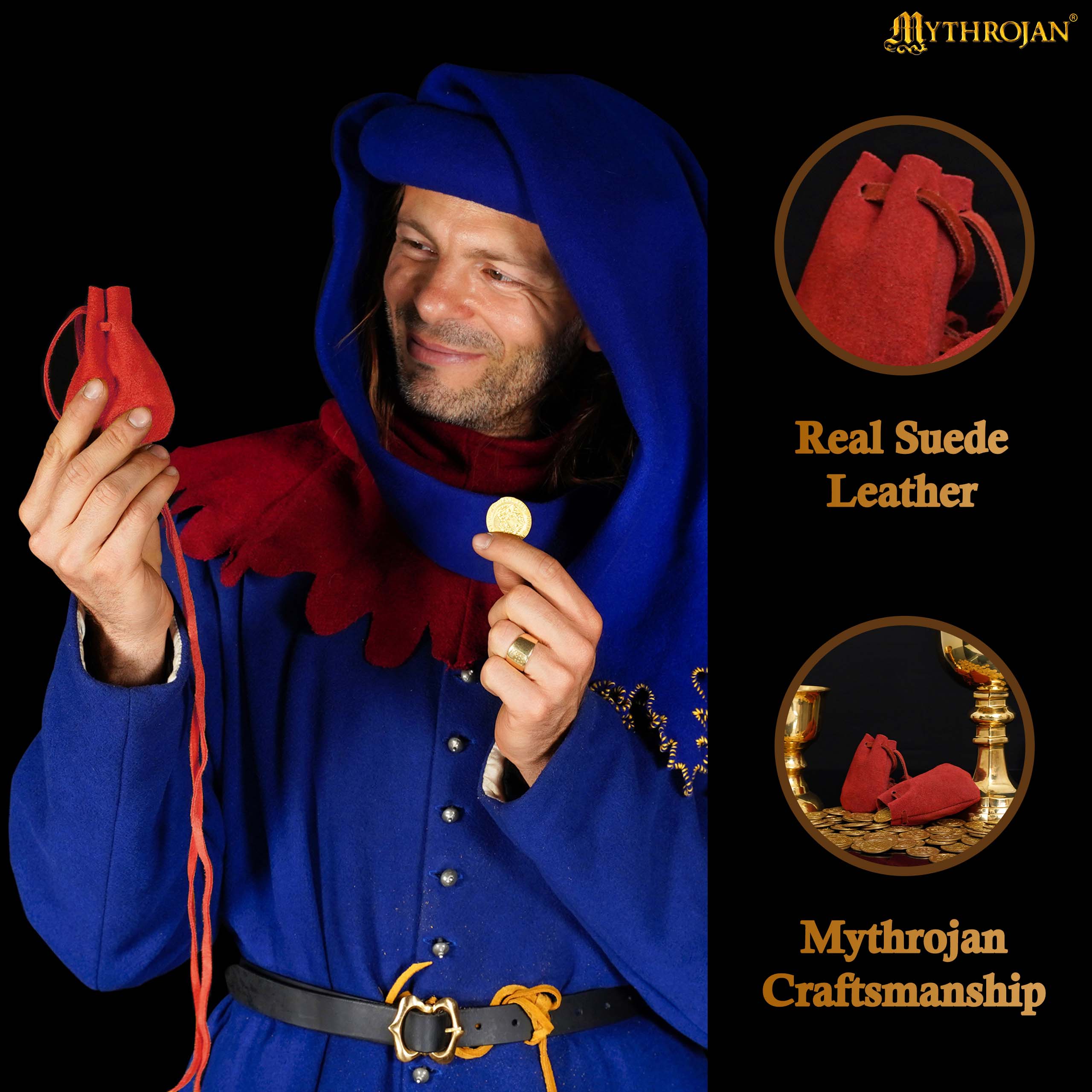 Mythrojan Pair of Medieval Drawstring Pouches, Ideal for SCA LARP Reenactment &amp; Ren fair - Suede Leather, Red