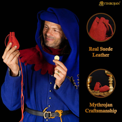 Mythrojan Pair of Medieval Drawstring Pouches, Ideal for SCA LARP Reenactment &amp; Ren fair - Suede Leather, Red