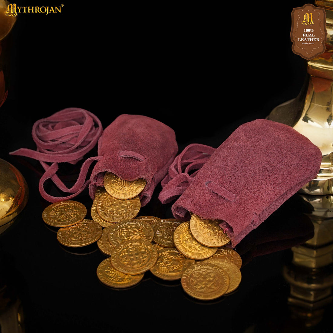 Mythrojan Pair of Medieval Drawstring Pouches, Ideal for SCA LARP Reenactment &amp; Ren fair - Suede Leather, Wine Red