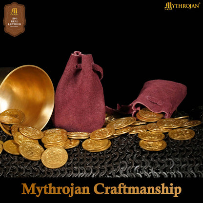 Mythrojan Pair of Medieval Drawstring Pouches, Ideal for SCA LARP Reenactment &amp; Ren fair - Suede Leather, Wine Red