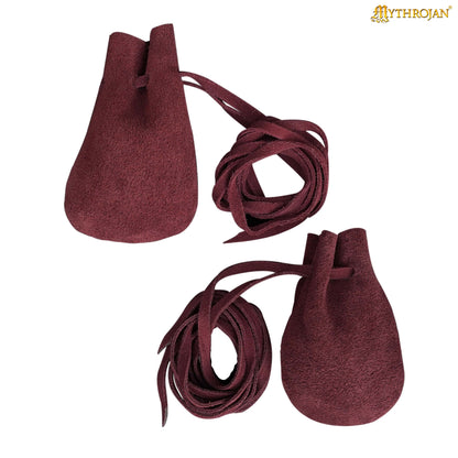 Mythrojan Pair of Medieval Drawstring Pouches, Ideal for SCA LARP Reenactment &amp; Ren fair - Suede Leather, Wine Red
