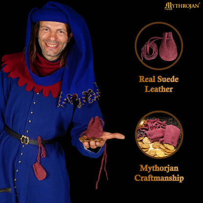Mythrojan Pair of Medieval Drawstring Pouches, Ideal for SCA LARP Reenactment &amp; Ren fair - Suede Leather, Wine Red