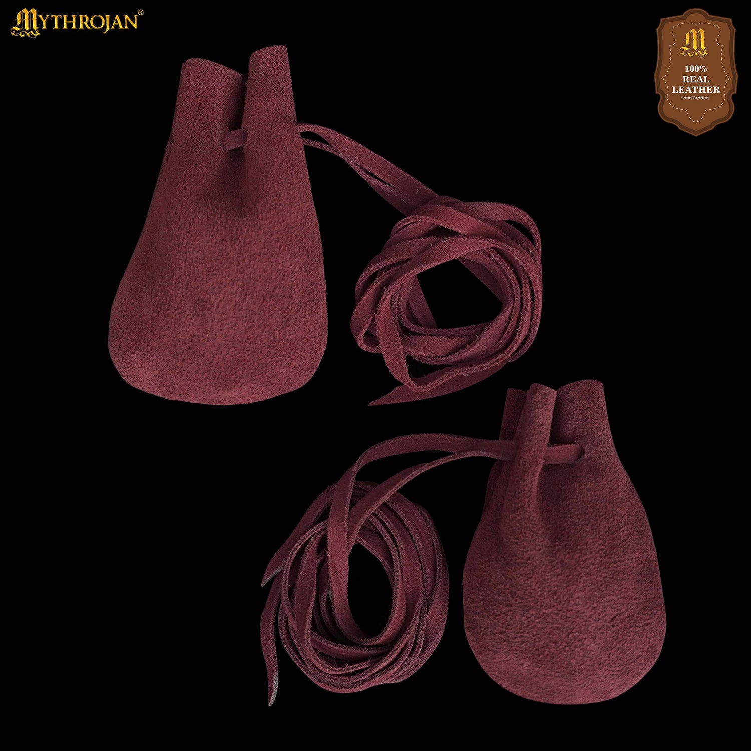 Mythrojan Pair of Medieval Drawstring Pouches, Ideal for SCA LARP Reenactment &amp; Ren fair - Suede Leather, Wine Red
