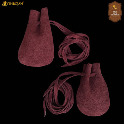 Mythrojan Pair of Medieval Drawstring Pouches, Ideal for SCA LARP Reenactment &amp; Ren fair - Suede Leather, Wine Red