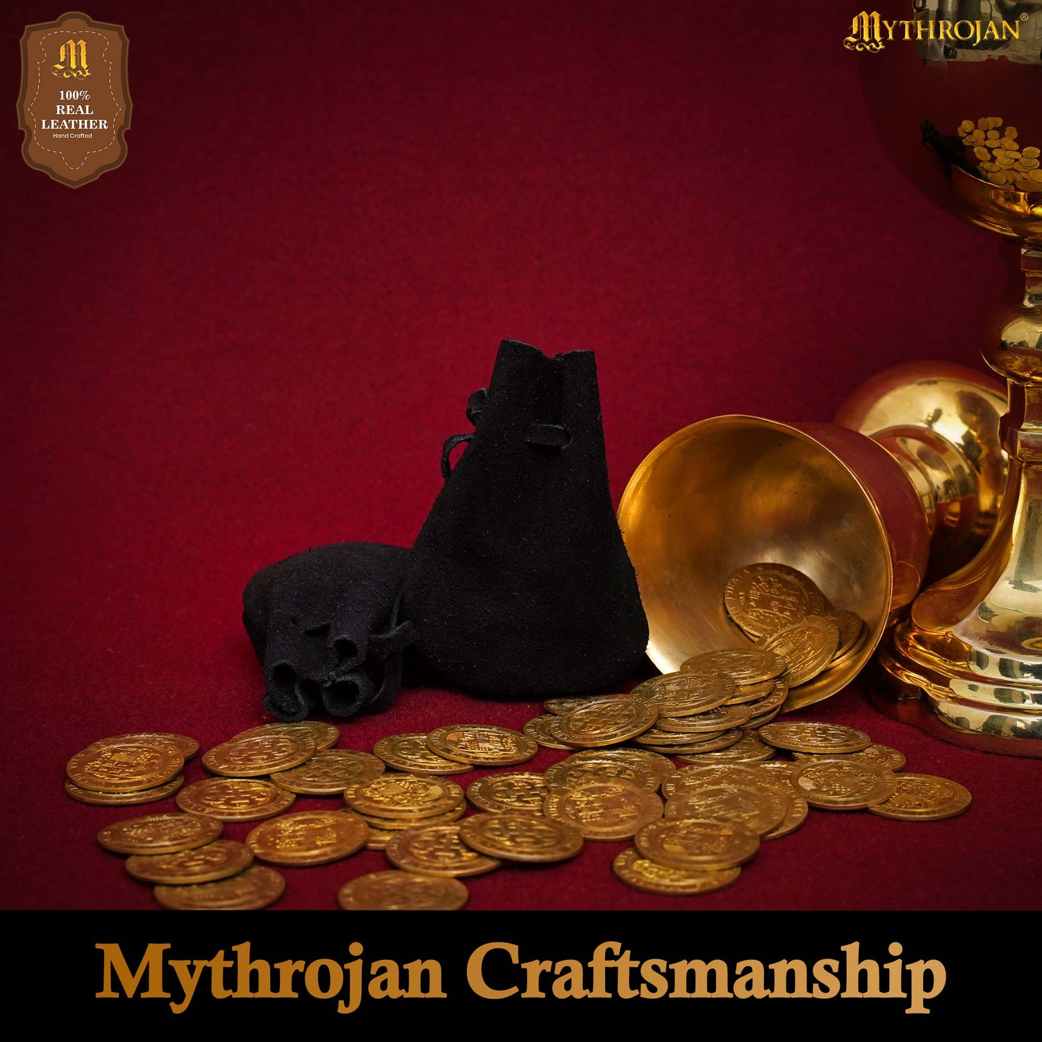 Mythrojan Pair of Medieval Drawstring Pouches, Ideal for SCA LARP Reenactment &amp; Ren fair - Suede Leather, Black