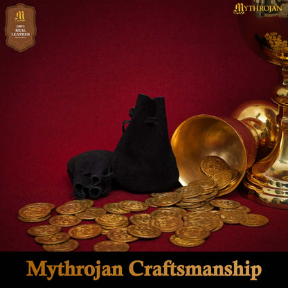 Mythrojan Pair of Medieval Drawstring Pouches, Ideal for SCA LARP Reenactment &amp; Ren fair - Suede Leather, Black