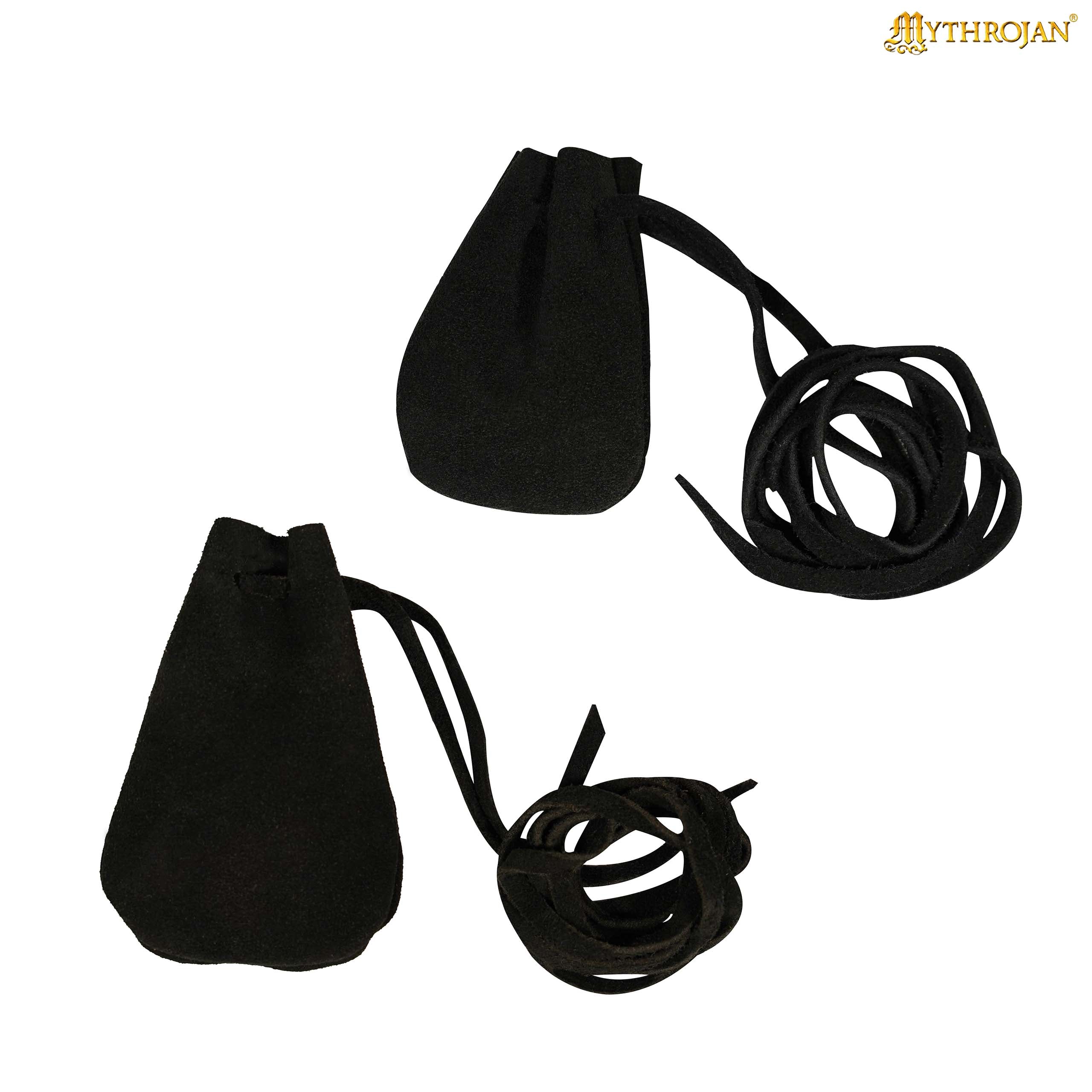 Mythrojan Pair of Medieval Drawstring Pouches, Ideal for SCA LARP Reenactment &amp; Ren fair - Suede Leather, Black