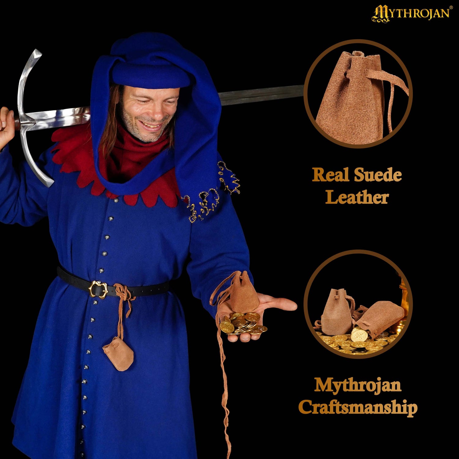 Mythrojan Pair of Medieval Drawstring Pouches, Ideal for SCA LARP Reenactment &amp; Ren fair - Suede Leather, Brown