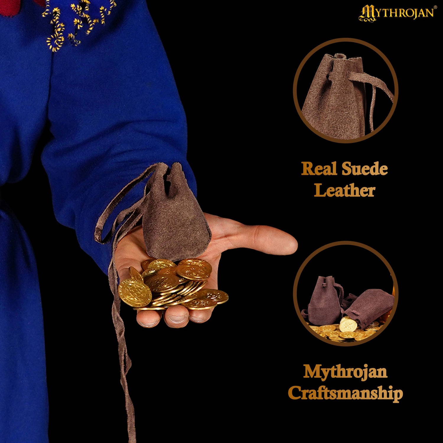 Mythrojan Pair of Medieval Drawstring Pouches, Ideal for SCA LARP reenactment &amp; Ren fair-Suede Leather, Chocolate Brown