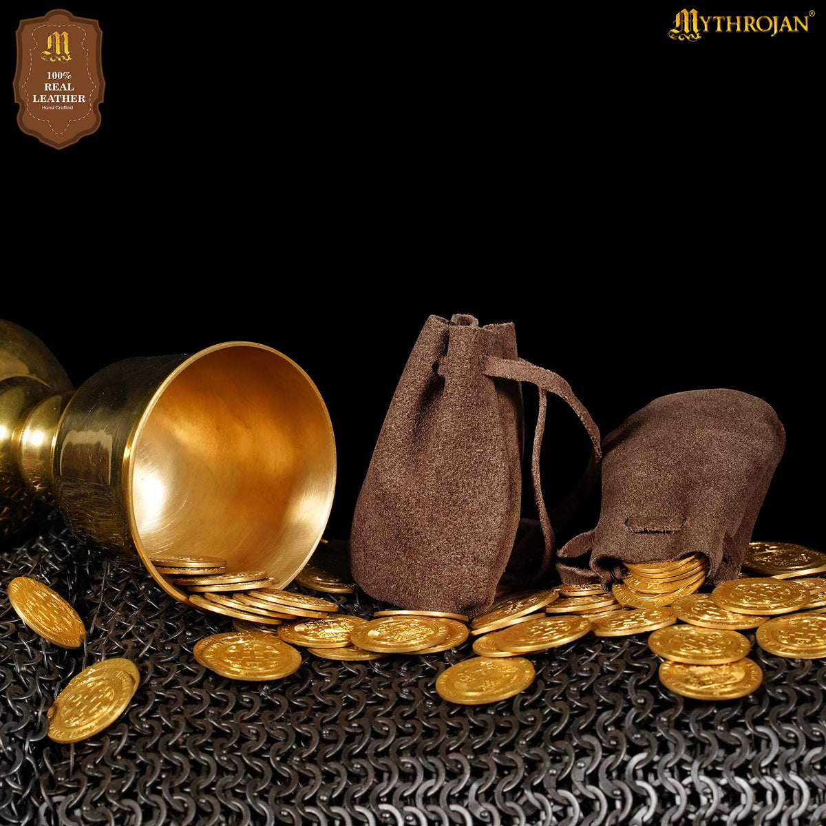 Mythrojan Pair of Medieval Drawstring Pouches, Ideal for SCA LARP Reenactment &amp; Ren fair - Suede Leather, Yellow