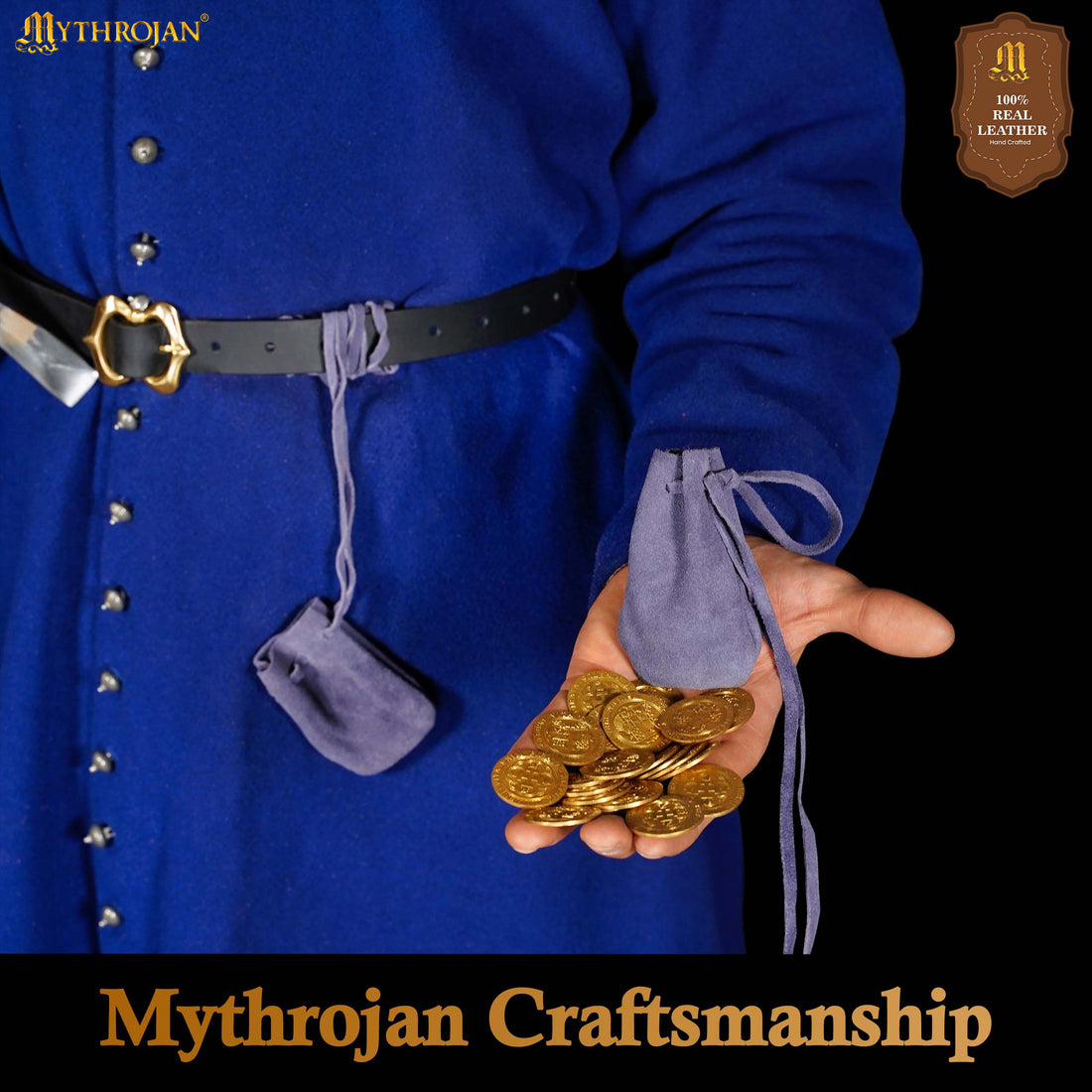Mythrojan Pair of Medieval Drawstring Pouches, Ideal for SCA LARP Reenactment &amp; Ren fair - Suede Leather, Dark Blue