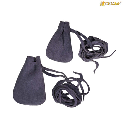 Mythrojan Pair of Medieval Drawstring Pouches, Ideal for SCA LARP Reenactment &amp; Ren fair - Suede Leather, Dark Blue