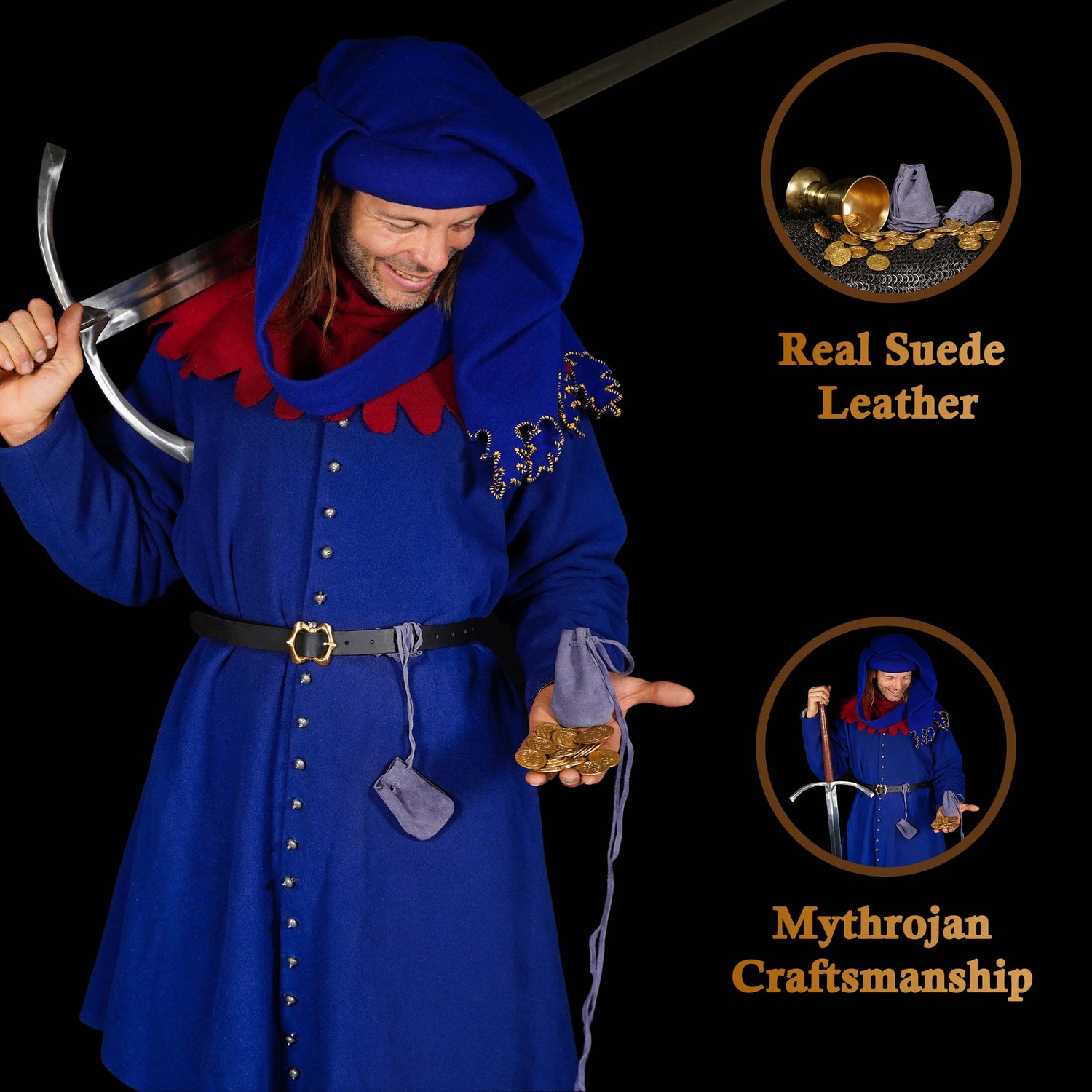 Mythrojan Pair of Medieval Drawstring Pouches, Ideal for SCA LARP Reenactment &amp; Ren fair - Suede Leather, Dark Blue