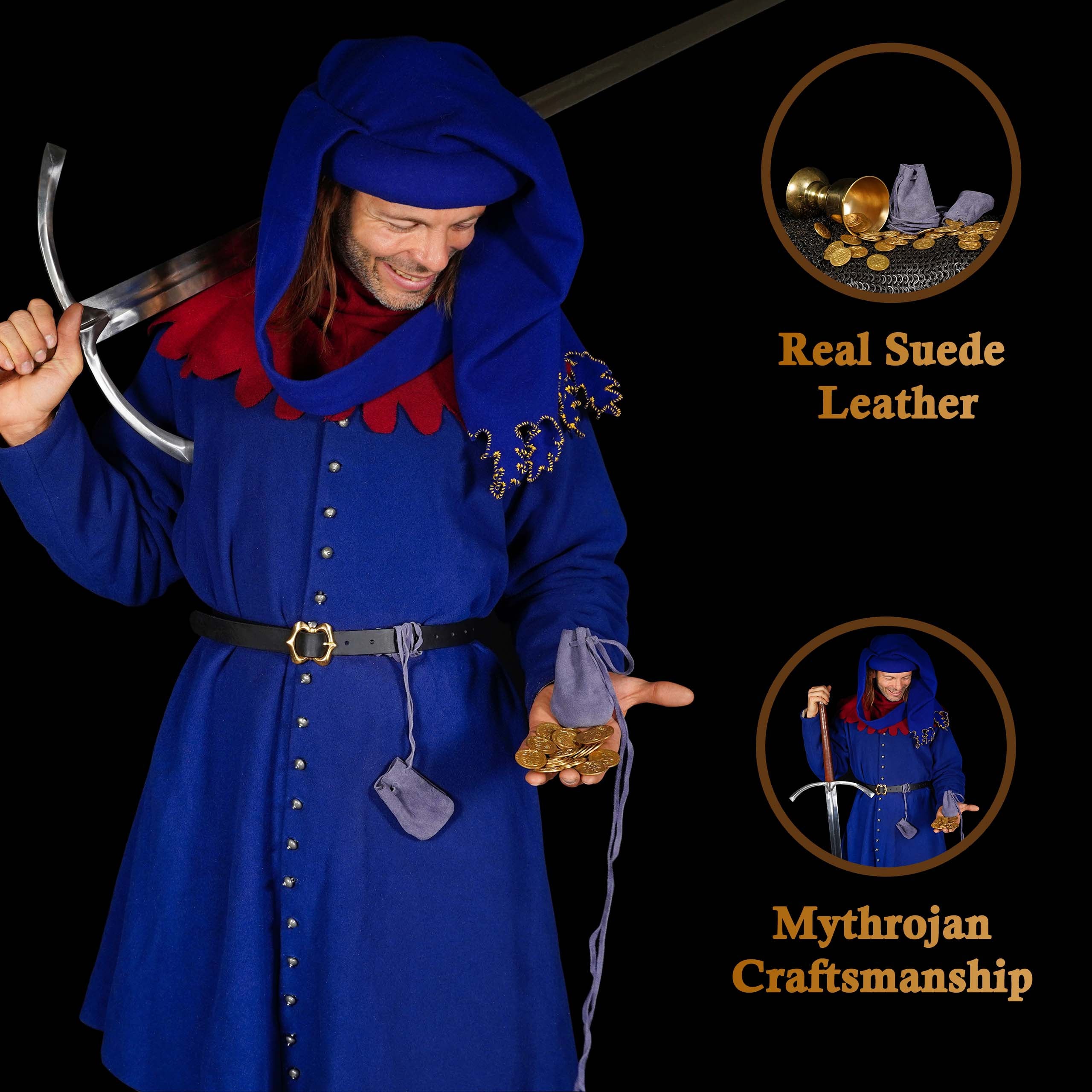 Mythrojan Pair of Medieval Drawstring Pouches, Ideal for SCA LARP Reenactment &amp; Ren fair - Suede Leather, Dark Blue