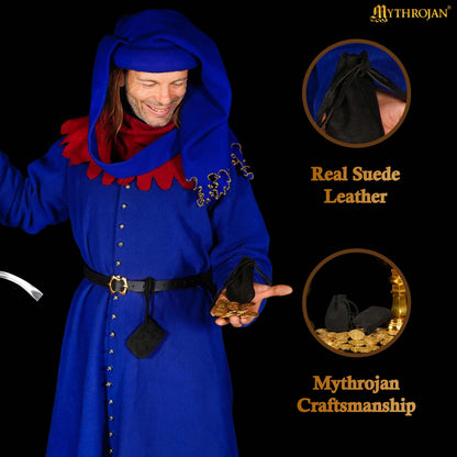 Mythrojan Pair of Medieval Drawstring Pouches, Ideal for SCA LARP Reenactment &amp; Ren fair - Suede Leather, Black