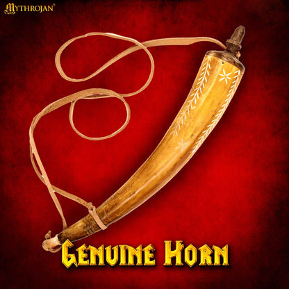 Mythrojan Hand Carved Powder Horn with Leather Strap for Civil War Re-Enactment Black Powder - Mountain Man Reenactment - Beige