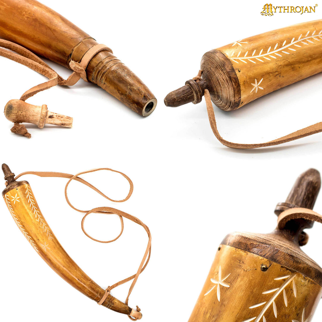 Mythrojan Hand Carved Powder Horn with Leather Strap for Civil War Re-Enactment Black Powder - Mountain Man Reenactment - Beige