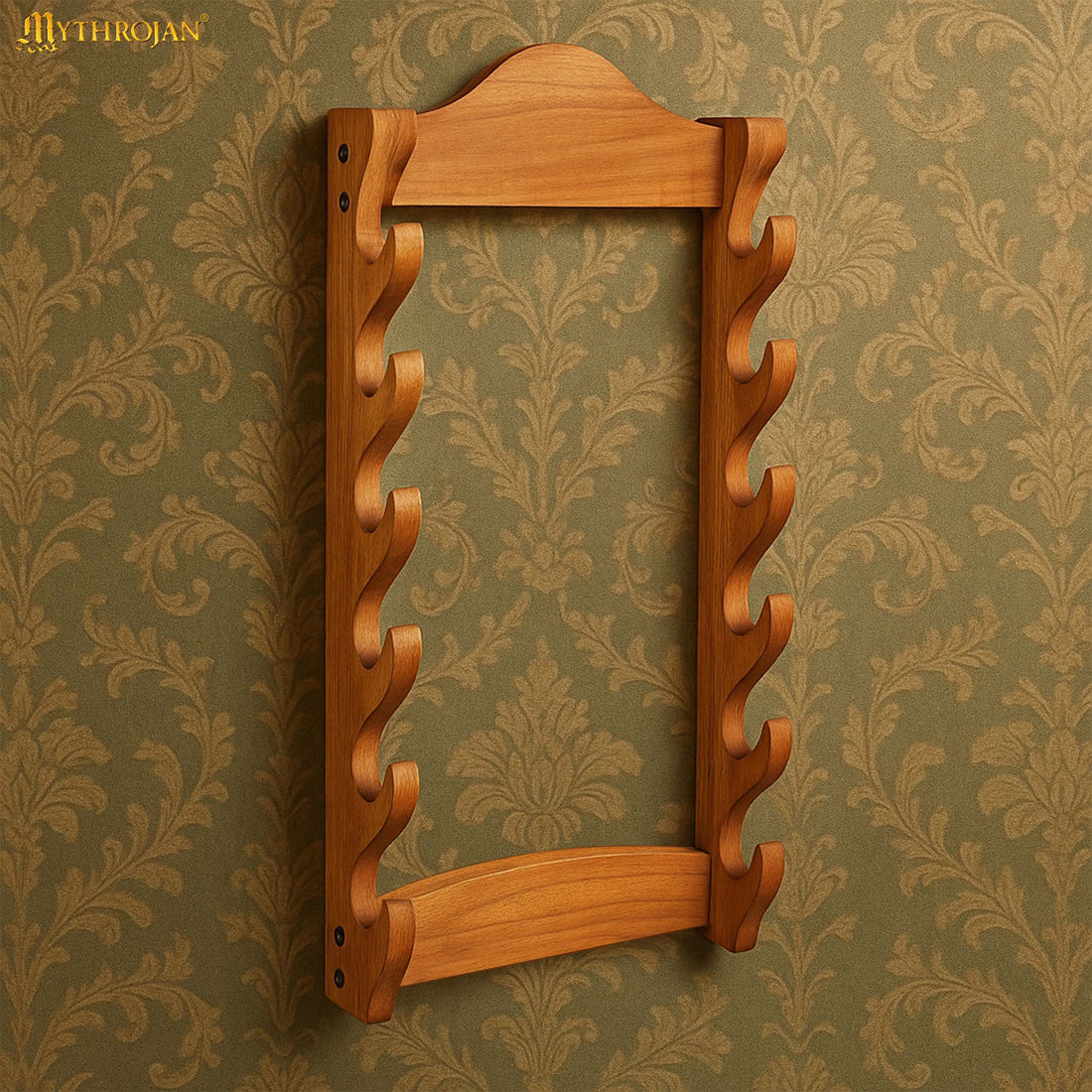 Mythrojan Solid Wood Sword Stand Medieval Sword Wall Mount Samurai Sword Display Stand Katana Sword Holder Gladiator Sword Wall Display Crusader Sword Stand Knife Stand for Display- Six Tier Stand