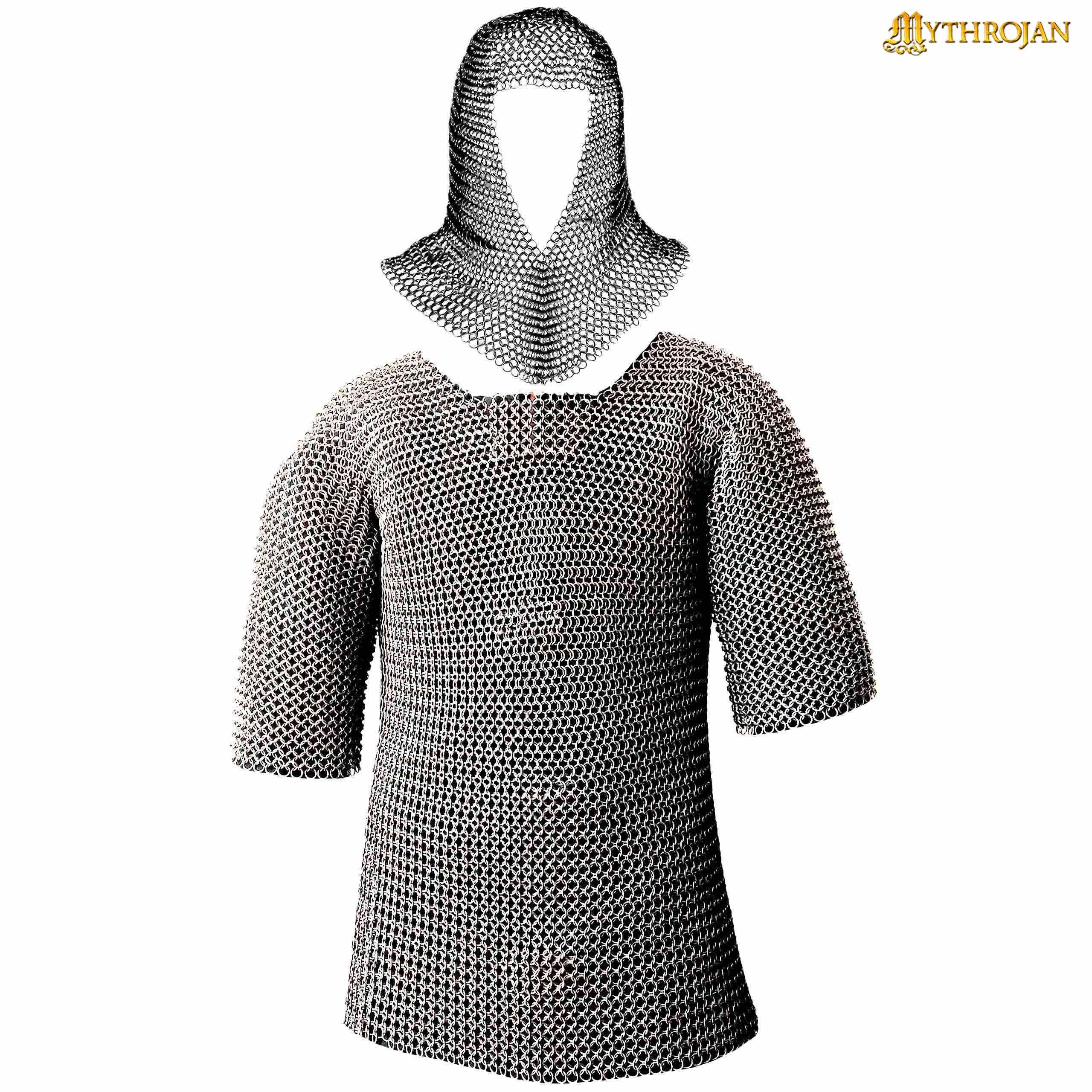 Mythrojan Chainmail Shirt with Coif Medieval Knight Armor Costume – Zi