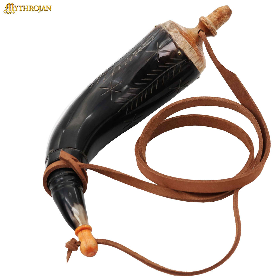 Mythrojan Hand Carved Powder Horn with Leather Strap for Civil War Re-Enactment Black Powder - Mountain Man Reenactment