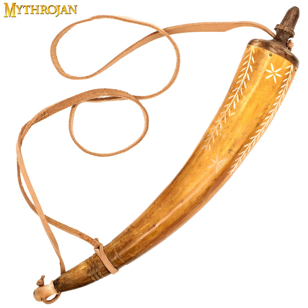 Mythrojan Hand Carved Powder Horn with Leather Strap for Civil War Re-Enactment Black Powder - Mountain Man Reenactment - Beige