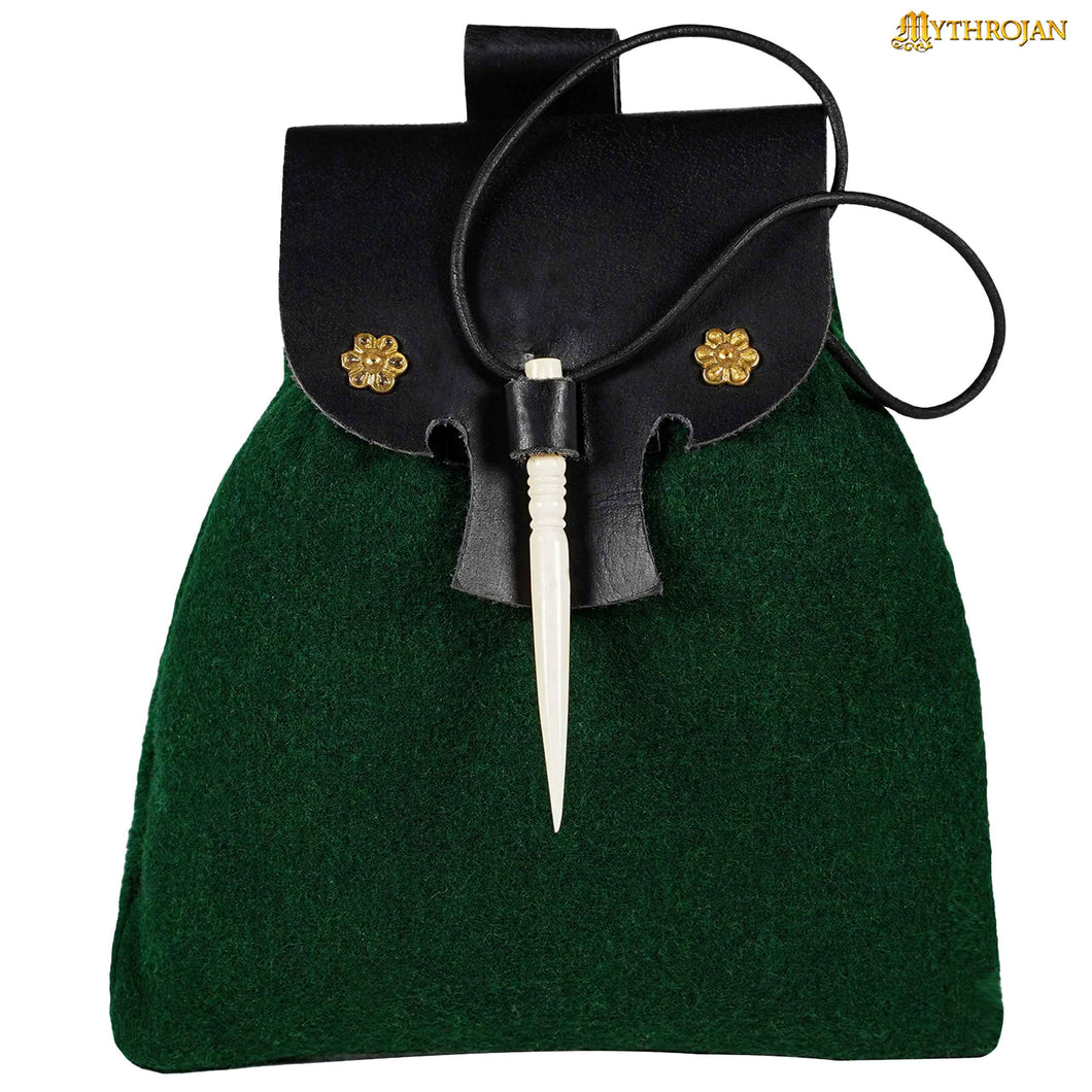 Mythrojan “Gold and Dice” Medieval Fantasy Belt Bag with Bone Needle Closure, Ideal for SCA LARP reenactment & Ren fair, Black and Green, 7”×7”