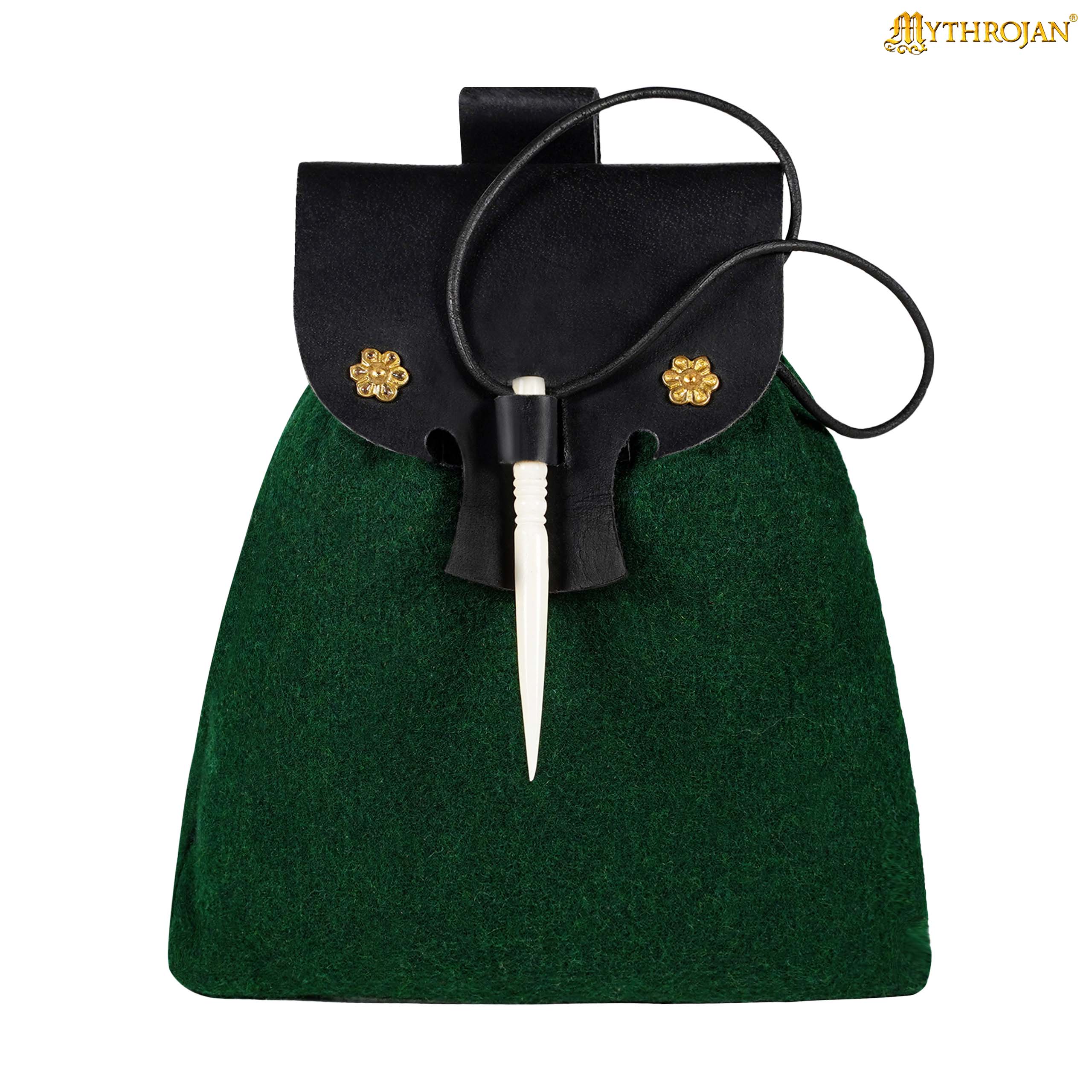 Mythrojan “Gold and Dice” Medieval Fantasy Belt Bag with Bone Needle Closure, Ideal for SCA LARP reenactment &amp; Ren fair, Black and Green, 7”×7”