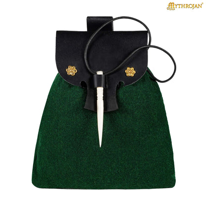 Mythrojan “Gold and Dice” Medieval Fantasy Belt Bag with Bone Needle Closure, Ideal for SCA LARP reenactment &amp; Ren fair, Black and Green, 7”×7”