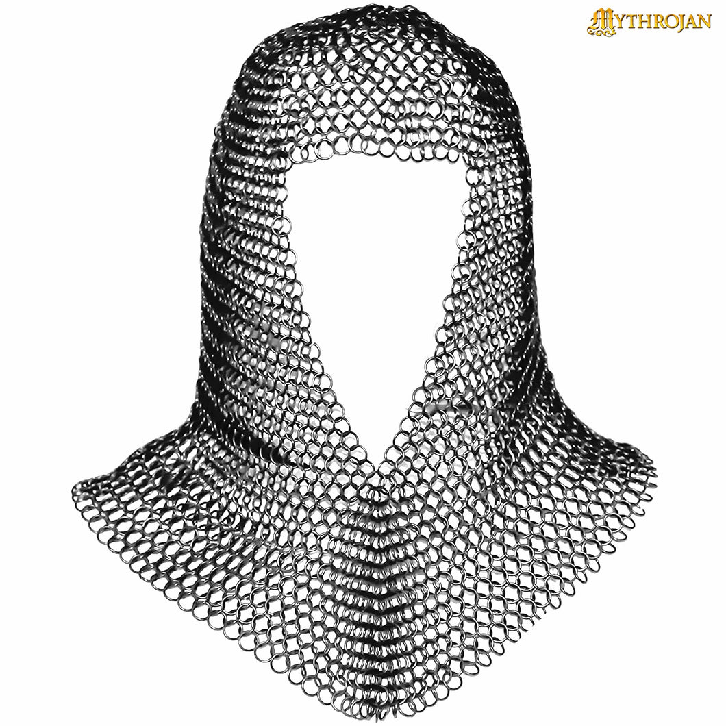 Mythrojan STAINLESS STEEL BUTTED CHAINMAIL COIF : Medieval Knight Renaissance Armor Chain Mail Hood Viking LARP 16 Gauge