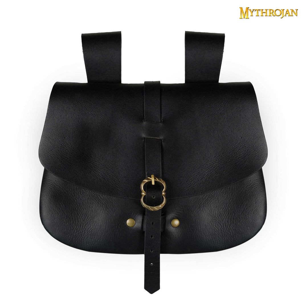 Mythrojan Medieval Leather Bag, Ideal for SCA LARP Reenactment & Ren fair , Full Grain Leather, Black 6.2 ”× 7 ”