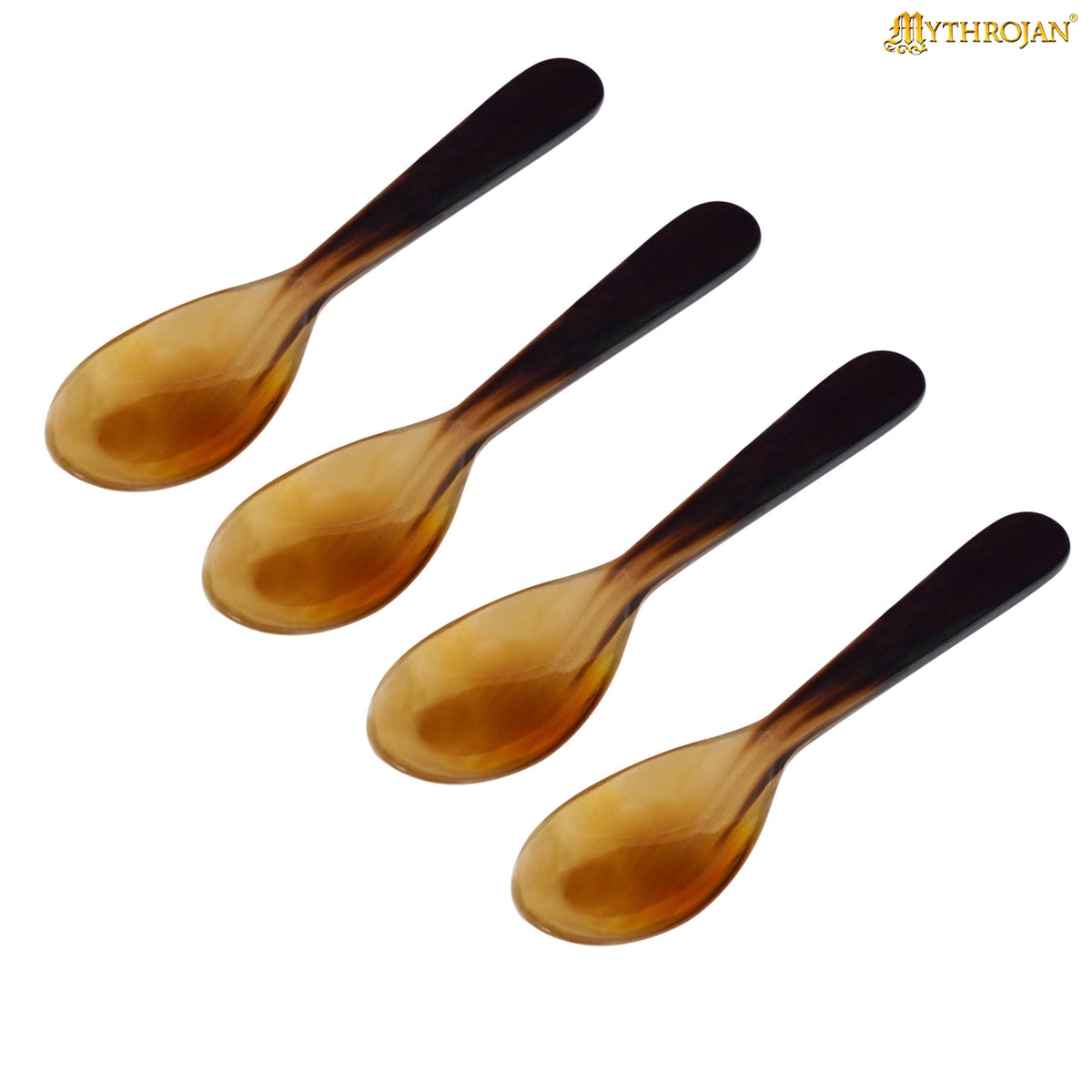 Mythrojan Handcrafted “Medium” size GENUINE HORN SPOONS Set of 4, Ideal for Viking Events Medieval Weddings Cosplay LARP SCA, 6.5 Inches