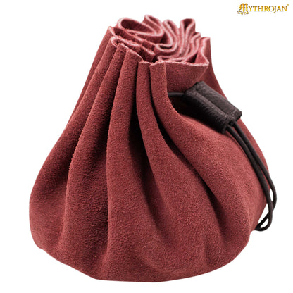 Mythrojan “ Gold and Dice ” Medieval Drawstring Bag, Ideal for SCA LARP Reenactment &amp; Ren fair - Suede Leather Pouch, Wine Red 3.5&quot;