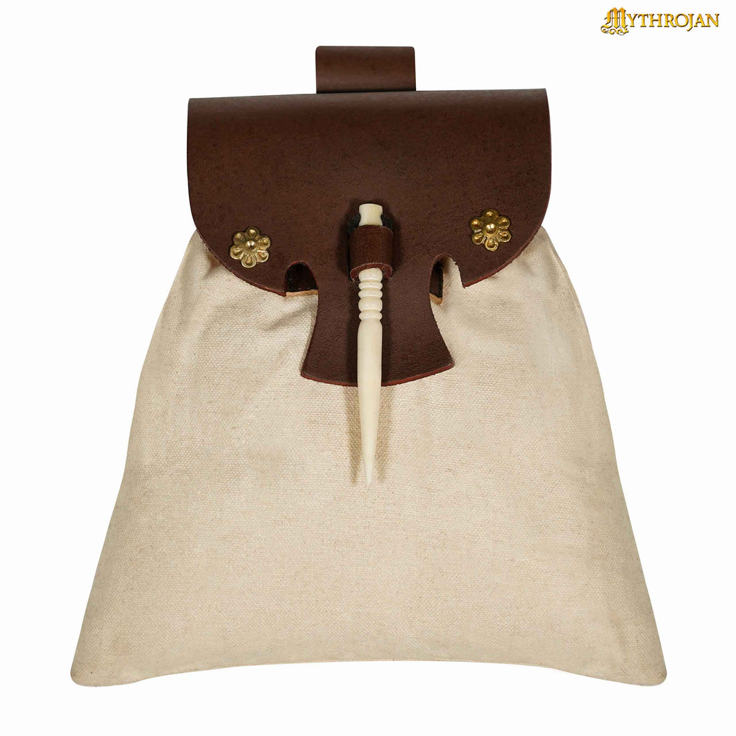 Mythrojan “Gold and Dice” Medieval Fantasy Belt Bag with Bone Needle Closure, Ideal for SCA LARP Reenactment & Ren fair, Brown and Ecru, 7”×7”