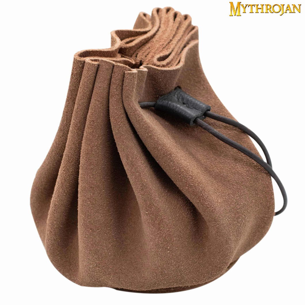 Mythrojan “ Gold and Dice ” Medieval Drawstring Bag, Ideal for SCA LARP Reenactment & Ren fair - Suede Leather Pouch, Brown 3.5