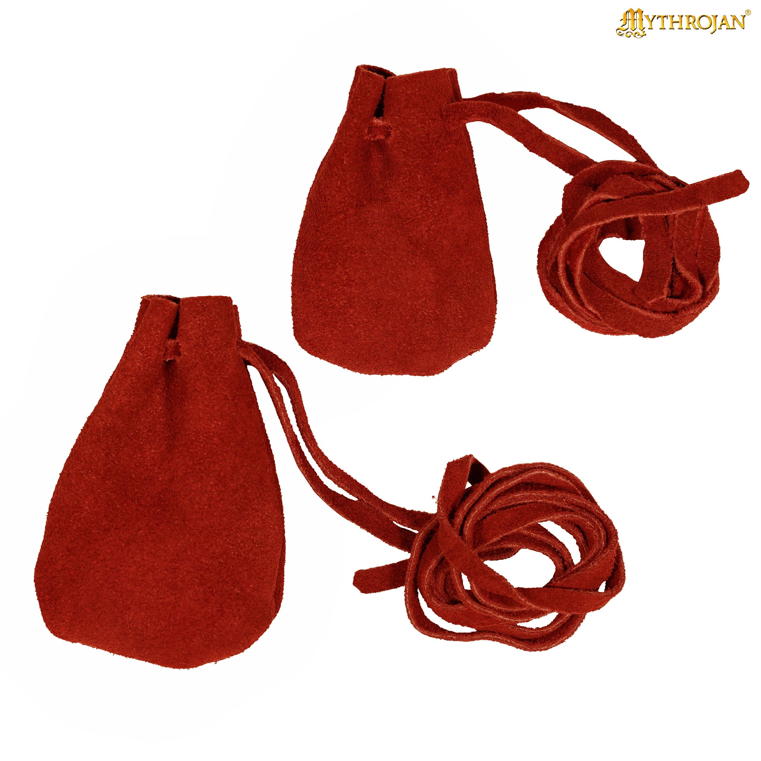 Mythrojan Pair of Medieval Drawstring Pouches, Ideal for SCA LARP Reenactment &amp; Ren fair - Suede Leather, Red