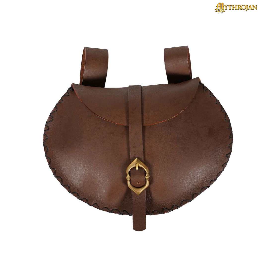 Mythrojan Medieval Belt Bag with Solid Brass Buckle, ideal for SCA LARP reenactment & Ren fair, Full Grain Leather, Brown, 6.5”×9.5”