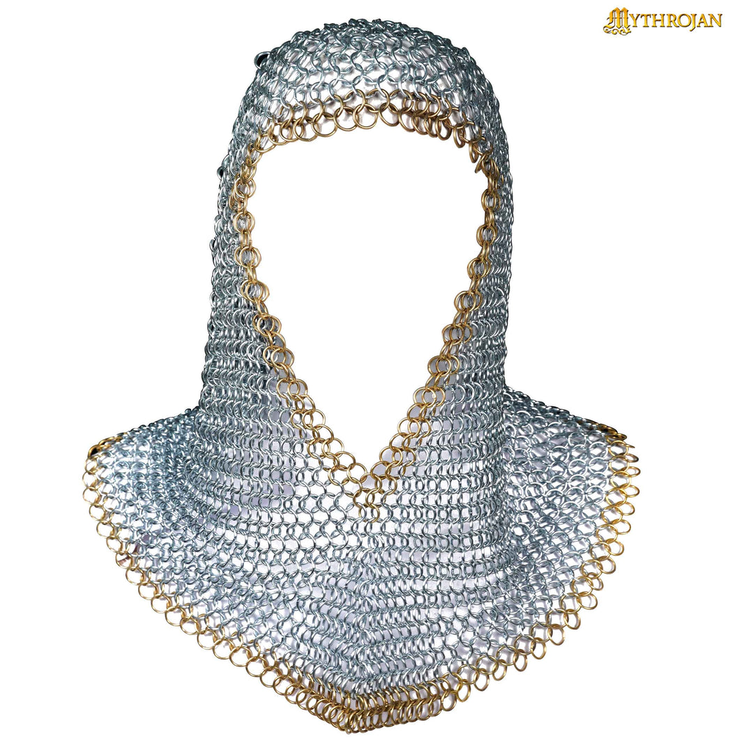 Mythrojan Medieval Chainmail Coif Butted Mild Steel and Solid Brass, Medieval SCA Reenactments Medieval Events, Zinc Plated with Solid Brass Edges, L