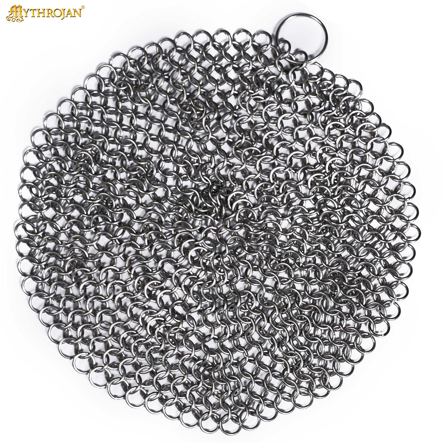 Mythrojan Chainmail Round Stainless Steel Scrubber, Ideal for Cleaning Cast Iron Skillet, Wok, Cooking Pot, Griddle or Cast Iron Cauldron Maintenance, Diameter: 7”