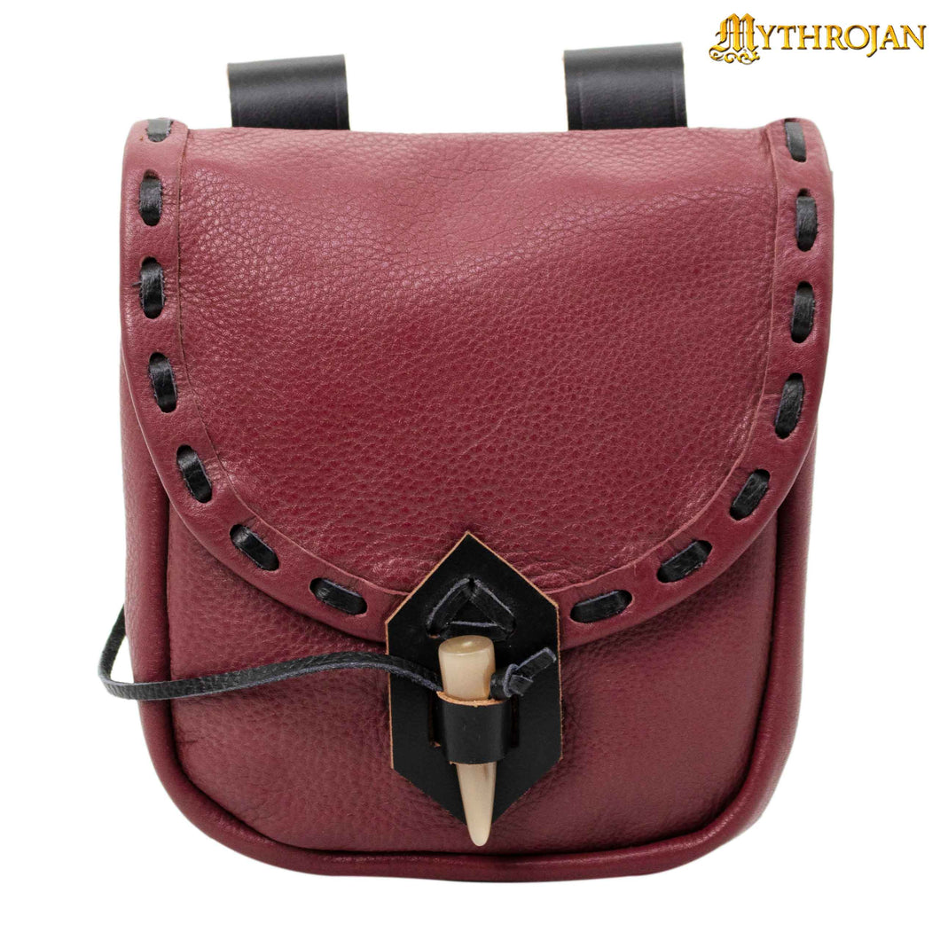 Mythrojan “The Adventurer’s” Belt Bag with Horn Toggle, Ideal for SCA LARP Reenactment & Ren Fair, Full Grain Leather, Wine Red 7”