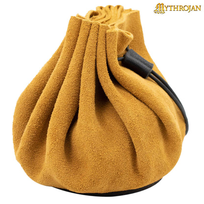 Mythrojan “Gold and Dice” Medieval Drawstring Bag, Ideal for SCA LARP Reenactment &amp; Ren Fair-Suede Leather Pouch, Deep Black 2.5”